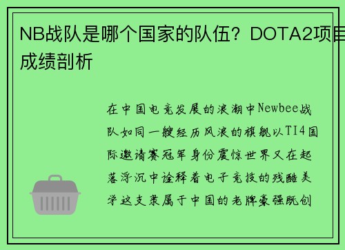 NB战队是哪个国家的队伍？DOTA2项目成绩剖析