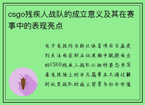 csgo残疾人战队的成立意义及其在赛事中的表现亮点